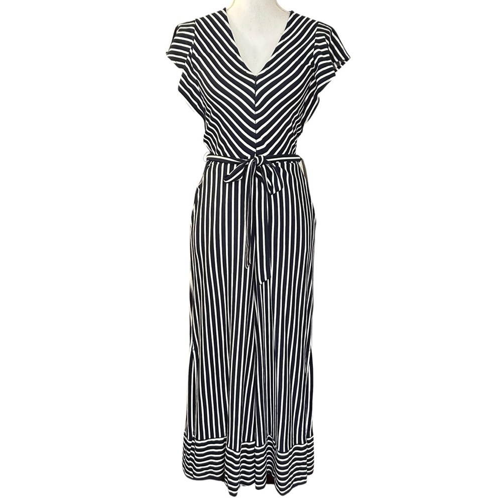 NWT ECI New York Zip Front Belted Wide Cropped Leg Striped Jumpsuit SZ S Navy